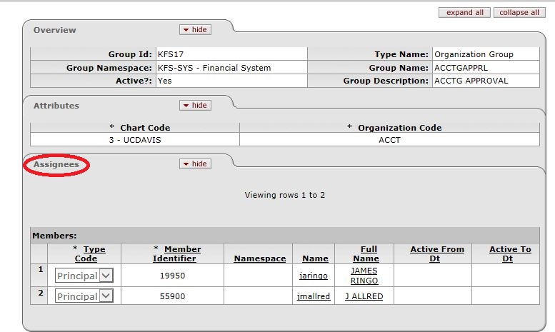 screen capture of a group log in kfs